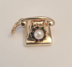 Antique telephone charm solid 14kt yellow gold with pearl and green emeralds