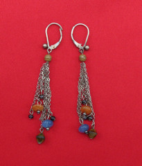 Vintage Sterling Silver Earrings Pink Blue Brown Gemstones 2.5 in Tassels 83f