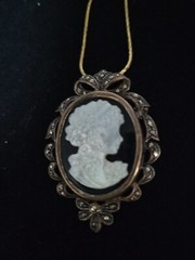 Vntg Cameo .925, marcasite, onyx, MOP pendant w/ new .925 goldplated chain.