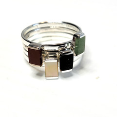 VTG Sterling Silver 925 Inlay Rings Set Of 4, Size 10, Stackable Onyx Aventurine