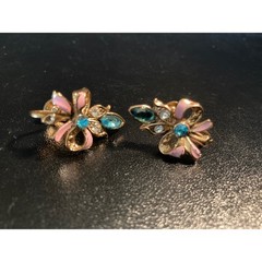Vintage Pink Enamel Blue Rhinestone Bow Gold Tone Screw Back Earrings 1 Inch