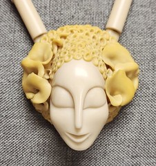 June Metaxides Art Nouveau Resin Figural Beauty Pendant Bead Necklace GF Chain