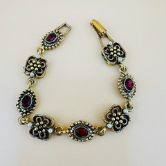 Vintage Victorian Revival Bracelet Red Rhinestone Gold Tone Faux Seed Pearl 6.2″