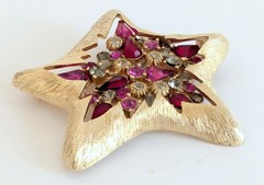 Gorgeous Rare Vintage Coro Inset Pink Rhinestone Textured Star Brooch Pin