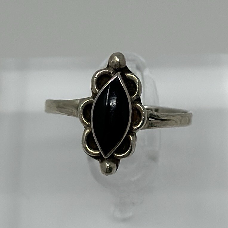 Vintage Signed Sterling Silver Marquise Onyx Flush Setting Size 7 Ring