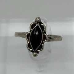 Vintage Signed Sterling Silver Marquise Onyx Flush Setting Size 7 Ring