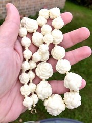 Vintage Ivory Celluloid Carved Graduated Rose Beads Necklace + earrings set