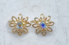 Vintage Gold Filled 3pc Jewelry Lot Lapis Lazuli Sophia Brooch AB Flower Earring
