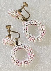 Vintage Pink White Seed Beads Beaded Dangle Drop Hoop Screw Backs Earrings