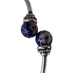 925 Silver Blue Cloisonne Floral Enamel Bead Bangle 1950s-1970s 7.1g