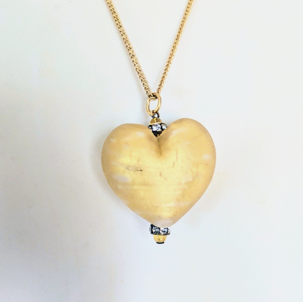 Vintage Frosted Gold Foil Murano Glass Heart 12k Gold Filled Chain Necklace