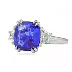 Art Deco Cushion Cut Sapphire & Lab-Grown Diamond 14K White Gold FN Wedding Ring
