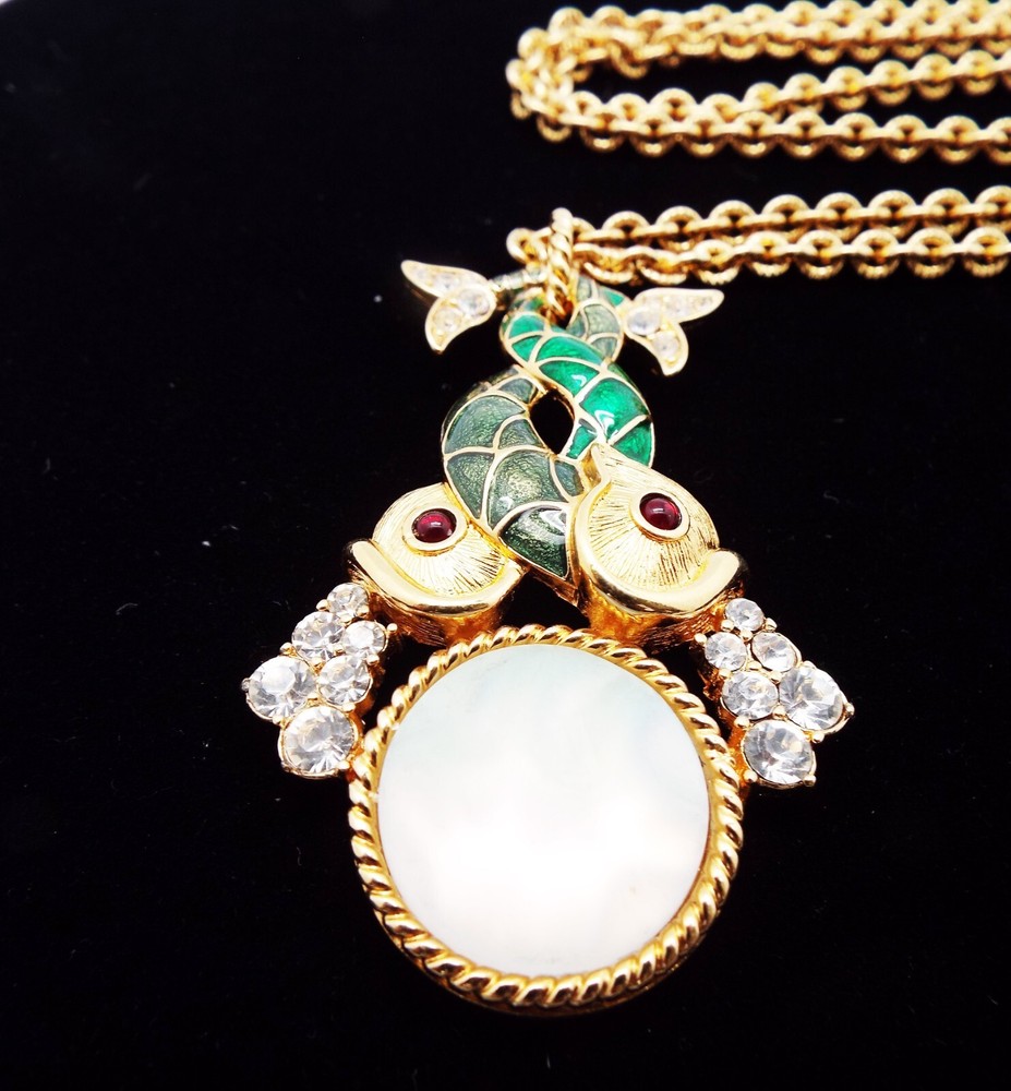 TRIFARI 32in RARE 1998 LTD ED. MOP ENAMEL RUBY CAB PISCES ZODIAC FISH NECKLACE
