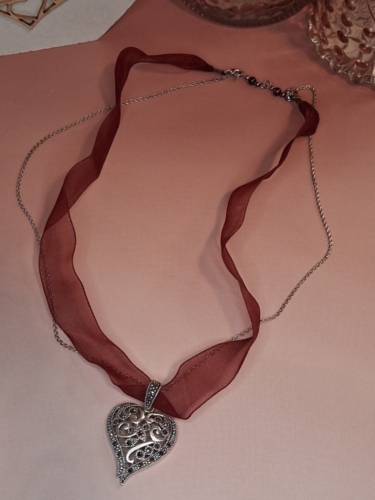 Vintage Sterling Silver Marcasite Heart Pendant Maroon Ribbon Choker Necklace