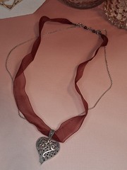 Vintage Sterling Silver Marcasite Heart Pendant Maroon Ribbon Choker Necklace