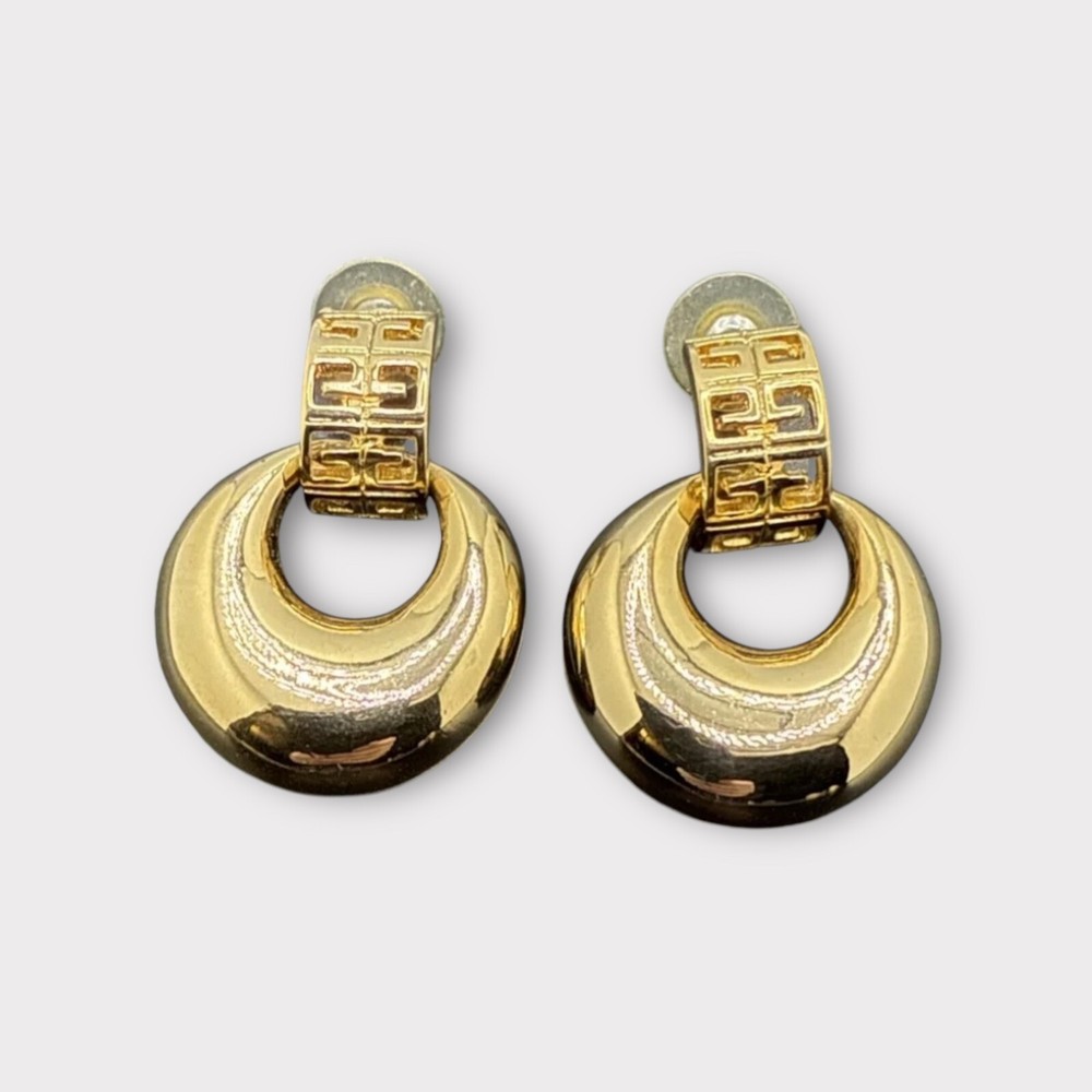 Givenchy Vintage Logo Earrings Gold Tone Dangle Knockers Runway Signed J130