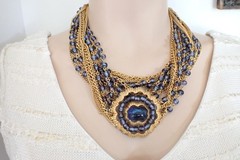 Vintage Signed Marvella Multi Strand Long Necklace Large Brooch Blue Glass Beads