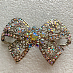 Vintage Silver Tone Filigree Bow Brooch AB Rhinestone Cluster Costume Jewelry