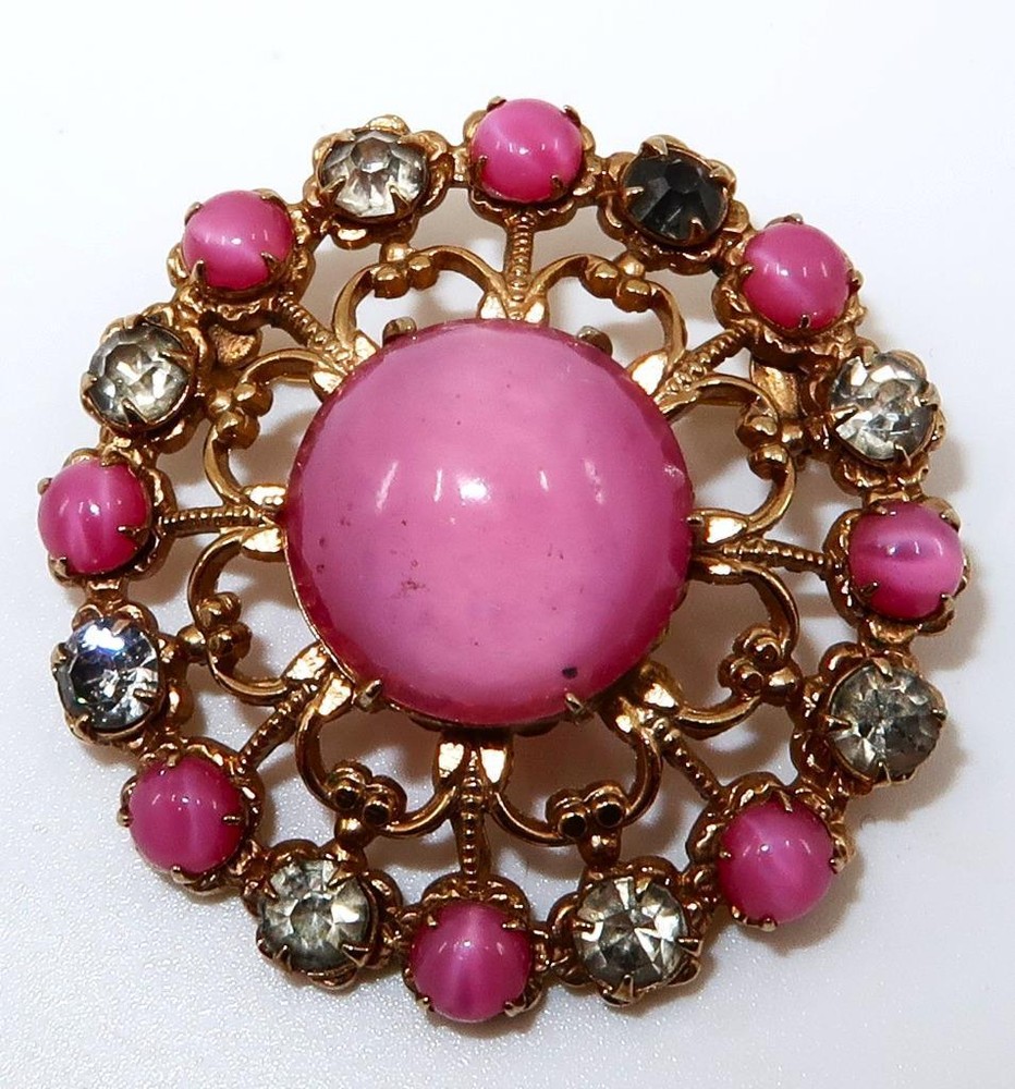 Vintage Pink & Purple Prong Set Stones Button Pendant, Brooch or Pin, 1 1/4″