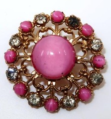 Vintage Pink & Purple Prong Set Stones Button Pendant, Brooch or Pin, 1 1/4″