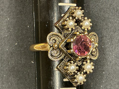 Vintage Sarah Coventry Faux Amethyst Pearl Filigree Cluster Ring Gold Tone S-7