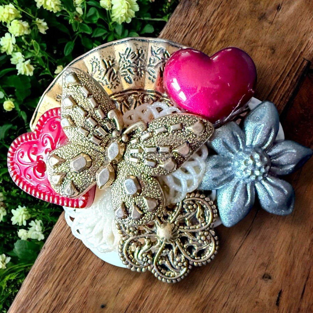 Handmade Assemblage Brooch Butterfly Heart Mixed Media Art Pin Vintage Buttons