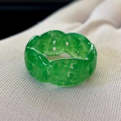 Natural Translucent green Jade Wide-Band Ring Hollow-out, Width 11mm, Size 11.75