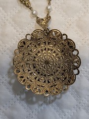 Vintage Victorian Revival Cameo Necklace Amber Rhinestones Filigree box clasp