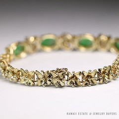 Vintage Burmese Jadeite Jade & Diamond Floral 14k Yellow Gold Bracelet w/ Papers