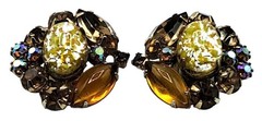 Yellow Foil Art Glass Rhinestone Earrings Autumn Colors Vintage Costume Jewelry