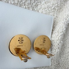 Auth HERMES Vintage Enamel Mosaic Round Clip-On Earrings Gold Green Signed
