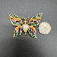 FO Fernando Originals Butterfly Brooch Pin Ribbon Enameled Wings Faux Pearl B5