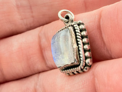 Vintage Sterling Silver Blue Moonstone Rectangular Cabochon Pendant Charm .75 In