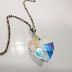 Vintage F.N.A. Italy Sterling Silver Chain Iridescent Crystal Heart Pendant 925