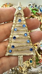 Vintage KC Christmas Tree Brooch Mesh Wire Blue Rhinestone Signed Rare Pin