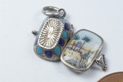 ANTIQUE SILVER ENAMEL MOSES BASKET OPENING CHARM PYRAMIDS DESERT Etc. c1920