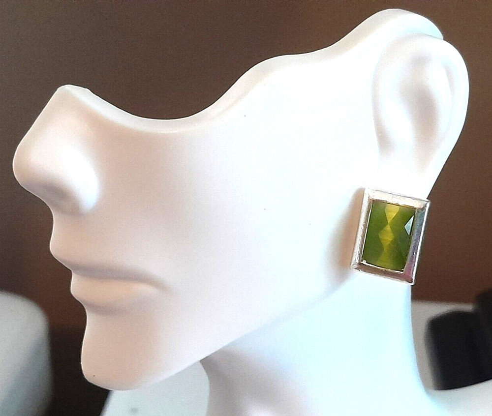 Vintage 1980’s Silver Tone Rectangle Green PREHNITE Post .75″ Stud Earrings