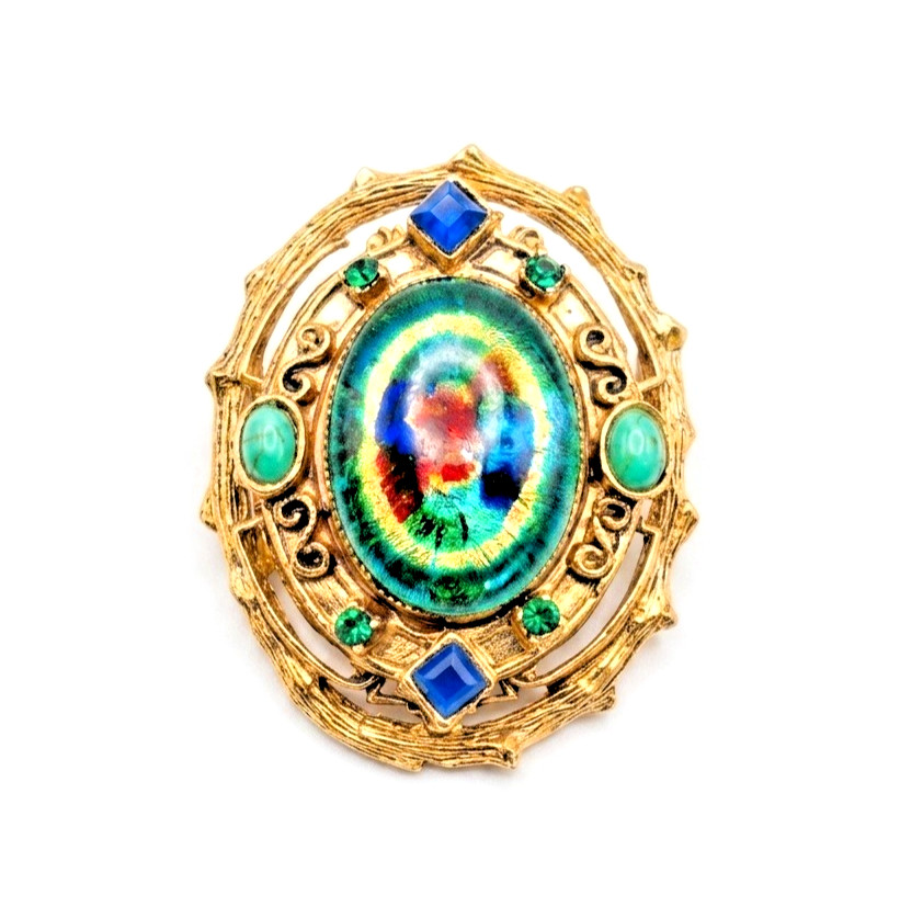 HATTIE CARNEGIE Foil Art Glass Green Blue Cabochons, Rhinestone Pendant Brooch