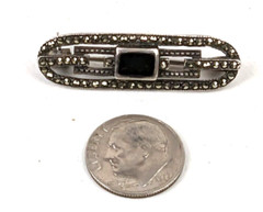 Antique Art Deco Sterling Silver Marcasite & Black Enamel Brooch Beauty Pin 1.5″