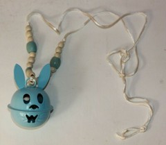 Vtg Blue Easter Bunny Rabbit Jingle Bell Necklace Metal Wood Beads Spring Gift
