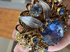 Vintage West Germany Baby Blue Art Glass Brooch Earrings Set Gold Tone Filigree