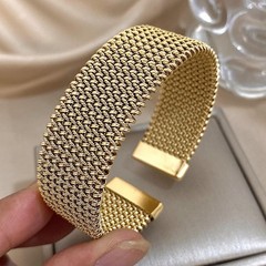 Vintage Weave Gold Cuff Bracelet Women Stainless Steel Chunky Bangle Waterproof