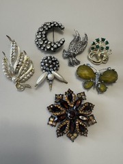 Vintage Brooch Lot of 7 Pcs 1950s 1960s 1970s Rhinestone Gem Retro Jewelry