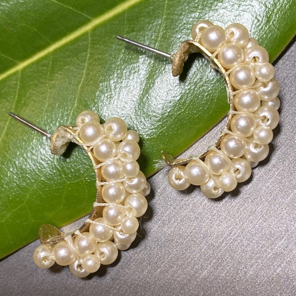 Vintage Pearl Half Hoop Earrings Estate Jewelry Pre-Owned Wrapped Unusual Huggie