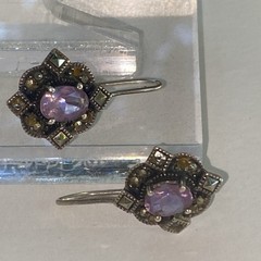Vintage Amethyst Marcasite Earrings 1″