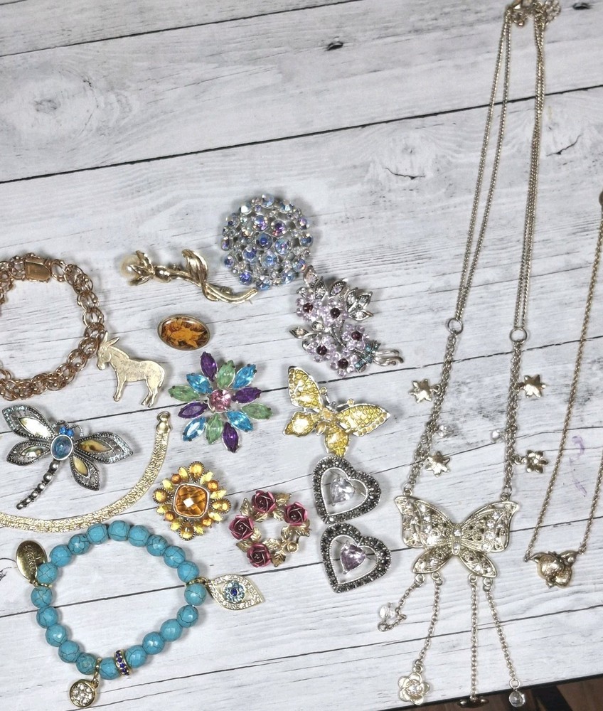 Lot Of 17 Pieces Of Costume Jewelry Evil Eye Dragonfly Brooches Butterfly Heart