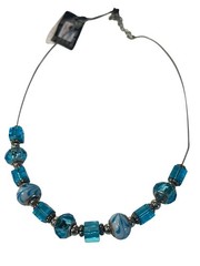 Art Glass Necklace Blue & White Beads Spacers 18” Wire Lobster Clasp Boho