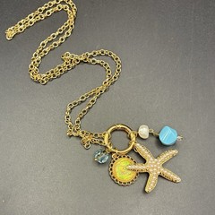 Gorgeous Vintage Sun, Sea, Sky & Starfish Charms on Gold Plated Chain Necklace