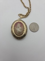 Vintage Cameo Locket Necklace 26in Gold Tone And Barrel Clasp
