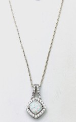925 Sterling Silver 3.8 Gram Lab Created Whit Fire Opal 32 CZ Necklace 19”